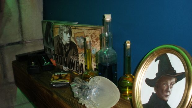 Φωτογραφία: Κορνίζα με την Μακγκόναγκλ, μπουκαλάκια με φίλτρα, το κυπαλλάκια από το οποίο ήπιε το φίλτρο ο Νταμπλντορ στη σπηλιά, μαγικά ραβδιά, εικόνα με την Ερμιόνη, εικόνα με τον Ρον